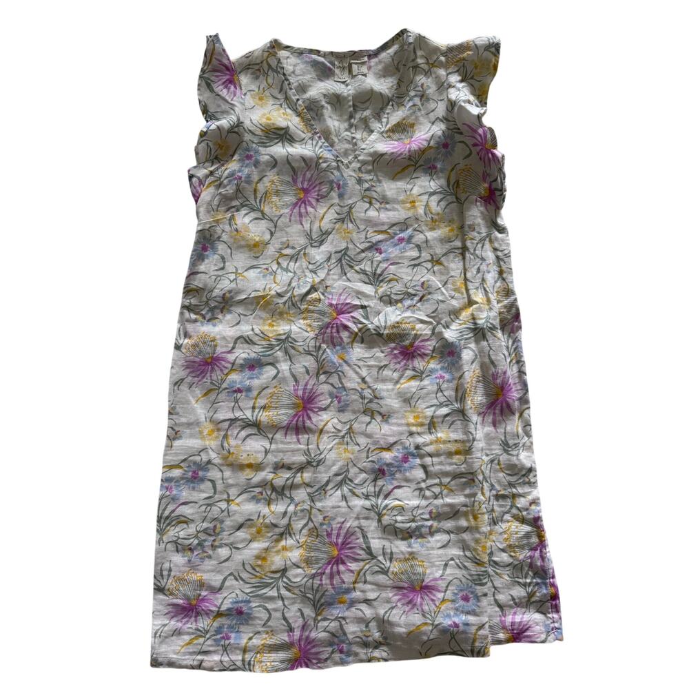 Joie 100% Linen White Floral Ruffle Sleeveless V Neck Shift Dress Women Large